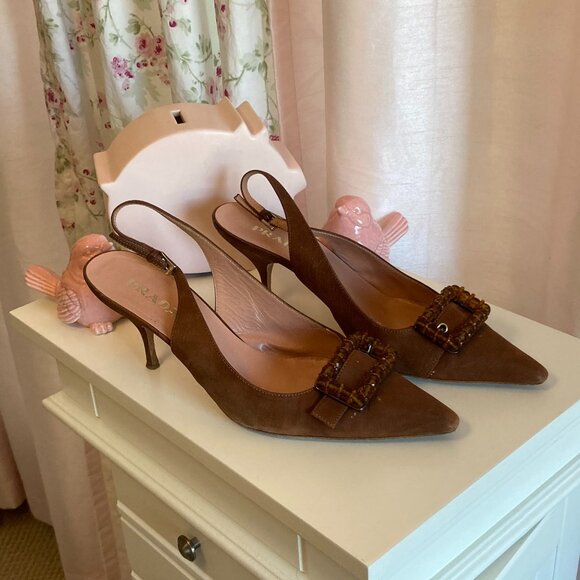 Prada chocolate brown suede beaded buckle slingbacks, sz. 38.5 - Picture 1 of 5